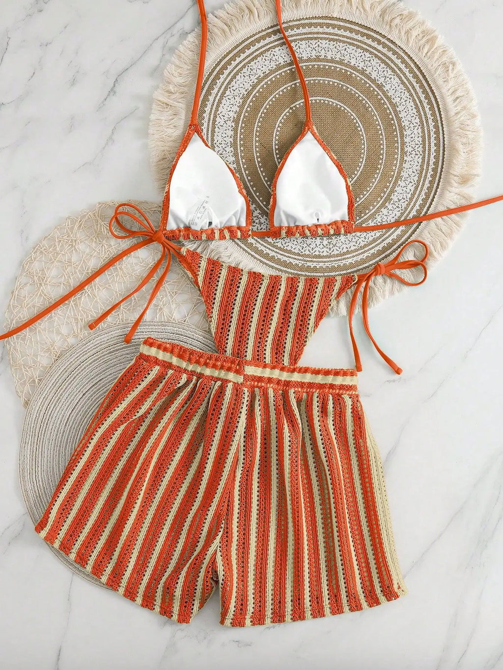 Retro Striped 3 Pieces Knitted Mesh String Bikini Set Swimsuit