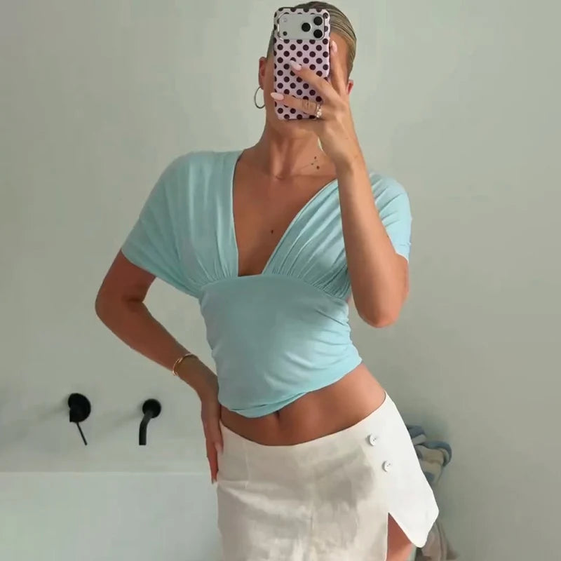 Women Halter Neck Backless Elastic V Neck Crop Top