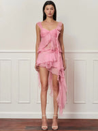 New Pink Asymmetrical Ruffle Chiffon  Romantic High‑Low Mesh Tiered Evening A‑Line Mini Gowns