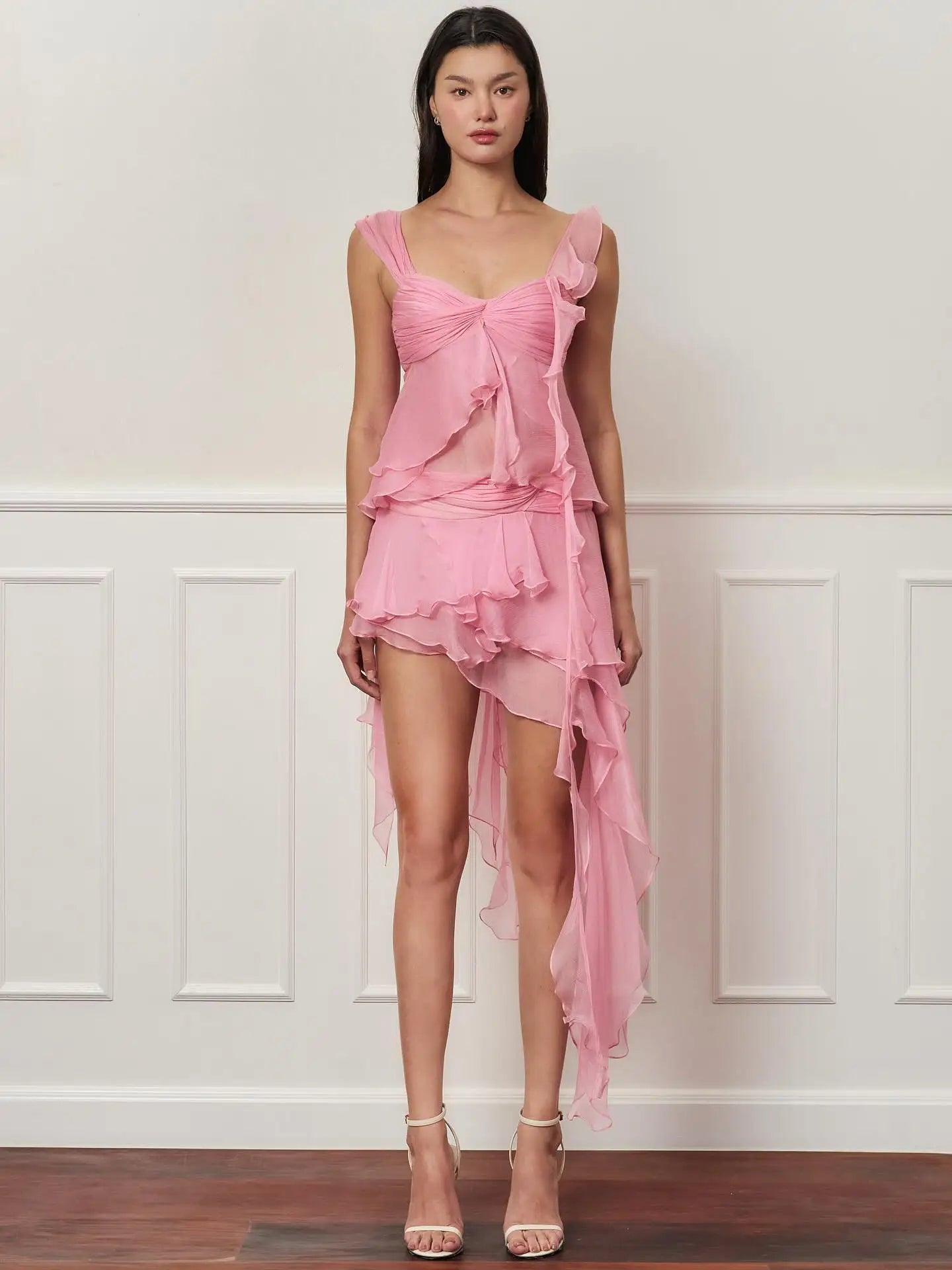 New Pink Asymmetrical Ruffle Chiffon  Romantic High‑Low Mesh Tiered Evening A‑Line Mini Gowns