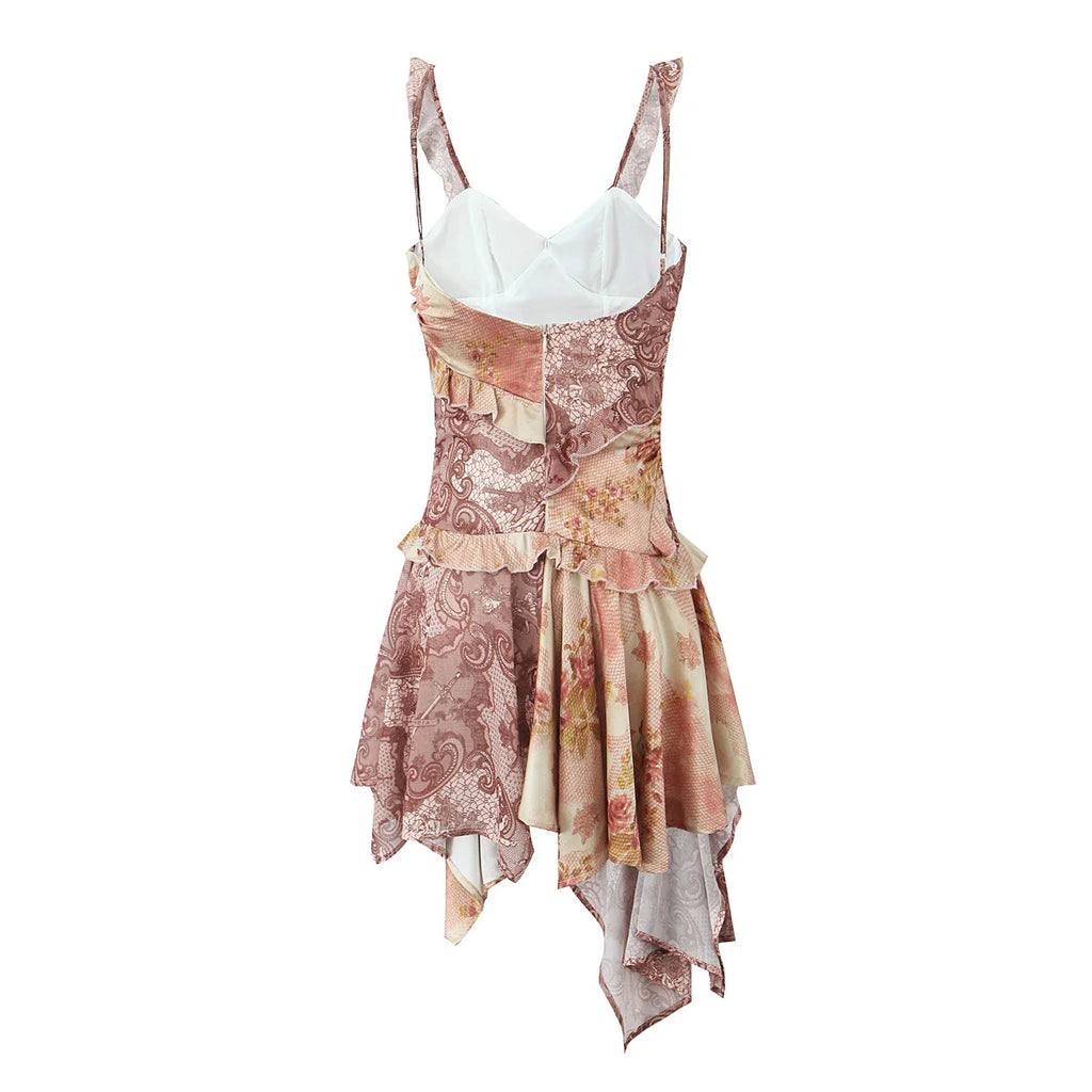 V Neck Paisley Totem Print Mini Dress With Ruffles Pleats And Irregular Hem