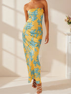 Floral Strapless Sleeveless Maxi Dress With Bodycon Silhouette