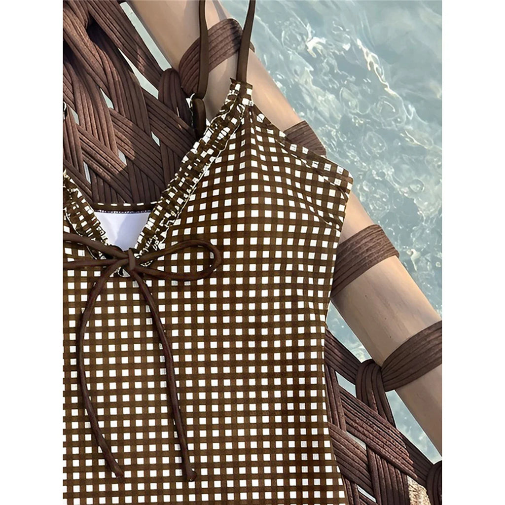 Striped Plaid V Neck  One Piece Swimsuit Female Frilled High Leg Cut Padded