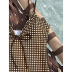 Striped Plaid V Neck  One Piece Swimsuit Female Frilled High Leg Cut Padded