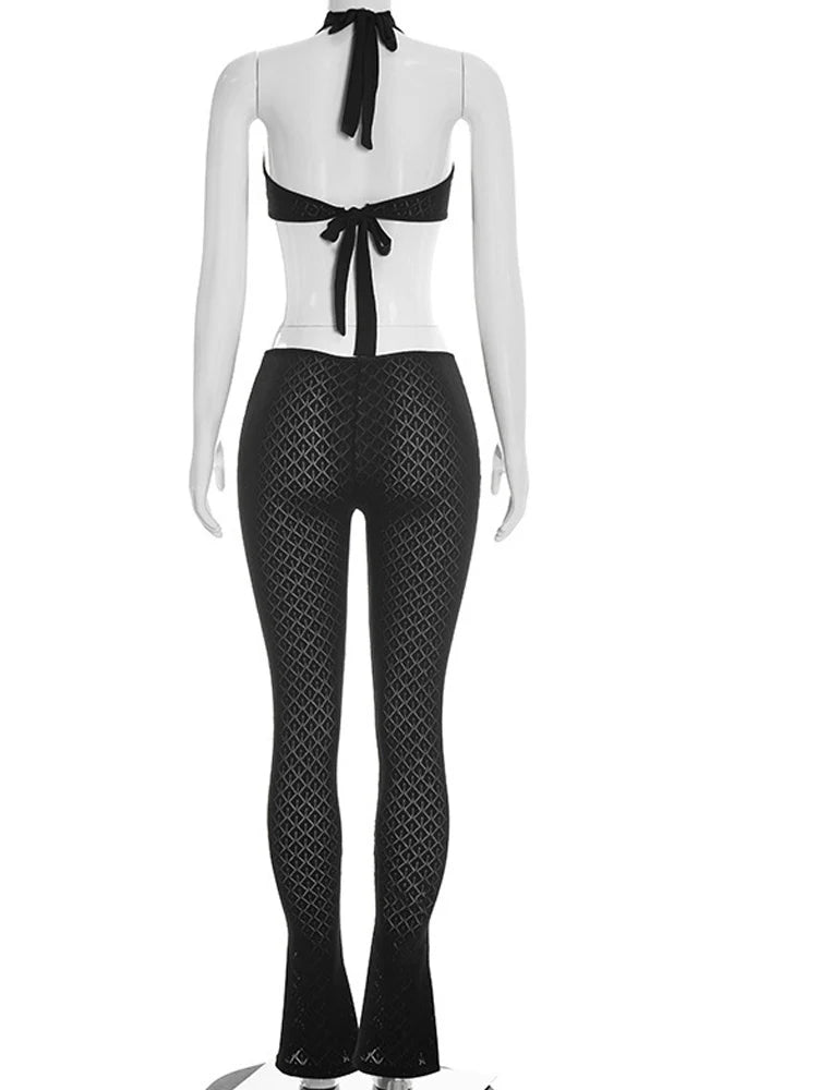 Black Crochet Cutout Jumpsuit Halter Backless See Through High Waist