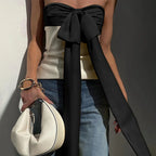 Satin Patchwork Bow Off Shoulder Tank Top Glam