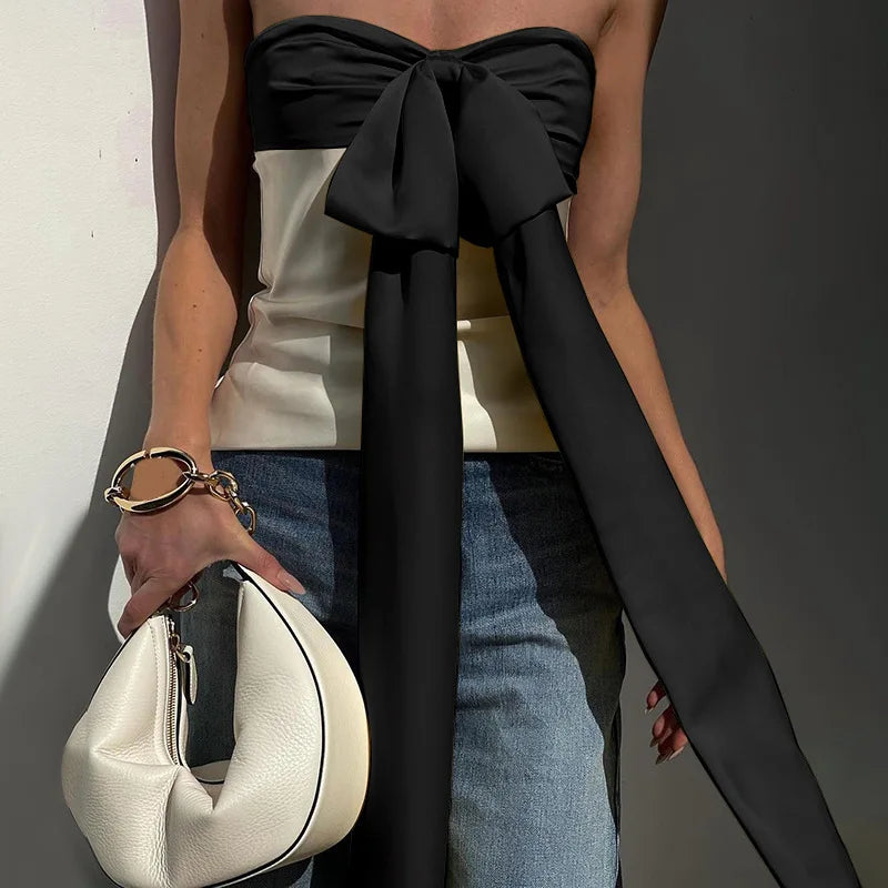 Satin Patchwork Bow Off Shoulder Tank Top Glam