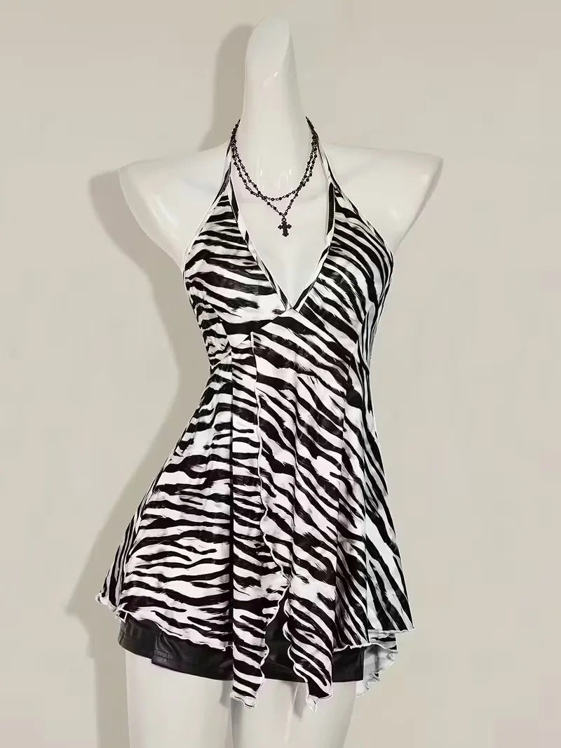 Zebra Print V Neck Backless Halter Top