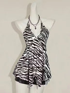 Zebra Print V Neck Backless Halter Top