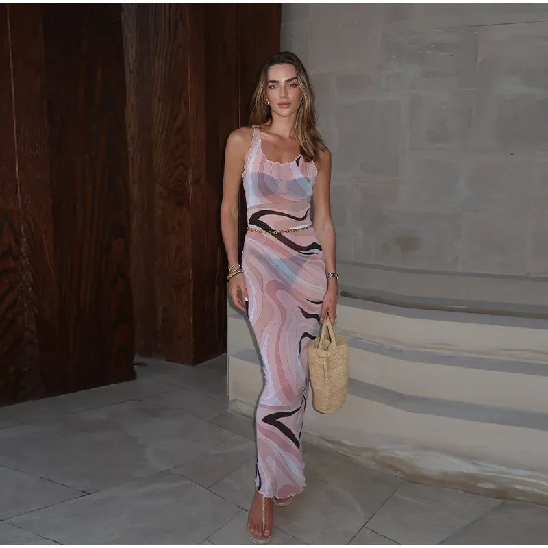 Sheer Mesh Body con Maxi Dress With Print