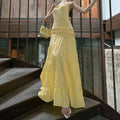 Off Shoulder Backless Evening Dress With Pleats And Ruffled Edges Diagonal Collar Floor Length