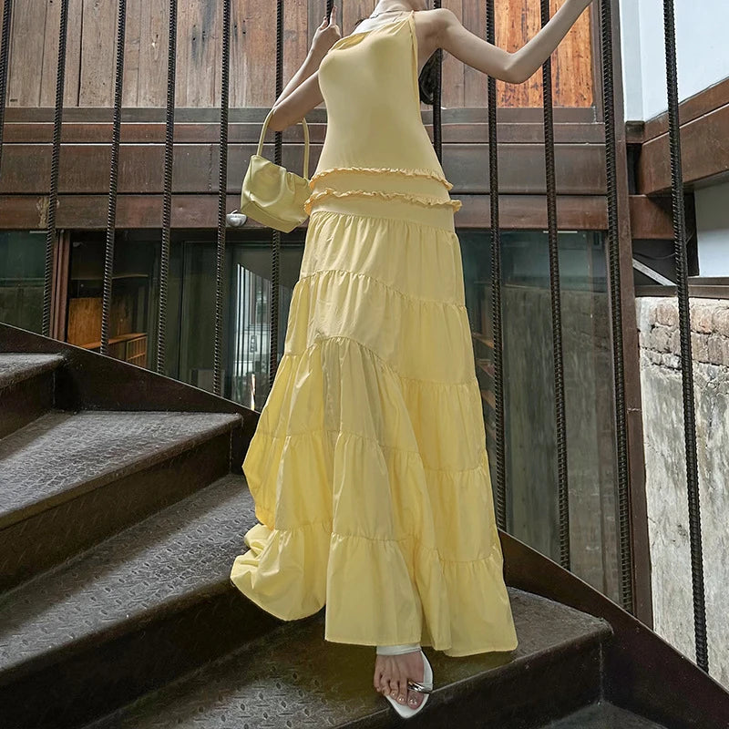 Off Shoulder Backless Evening Dress With Pleats And Ruffled Edges Diagonal Collar Floor Length