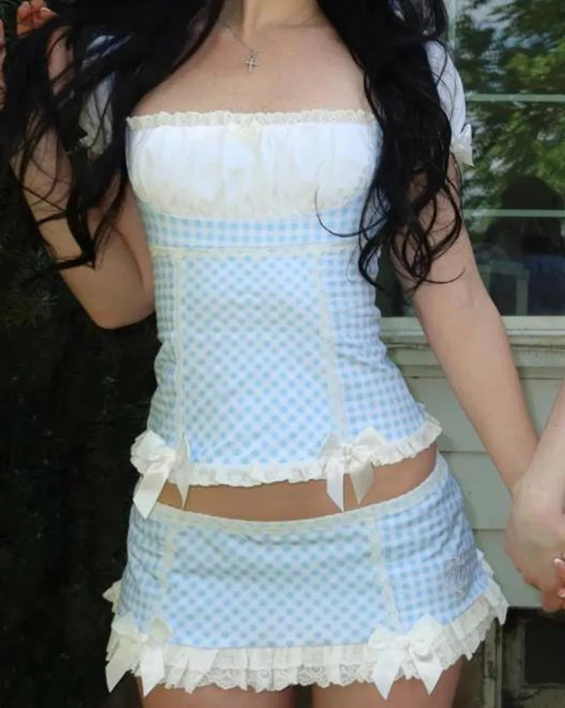 Gingham Milkmaid Two Piece Top and Plaid Mini Skirt Y2K Sweet Girl Dress Set