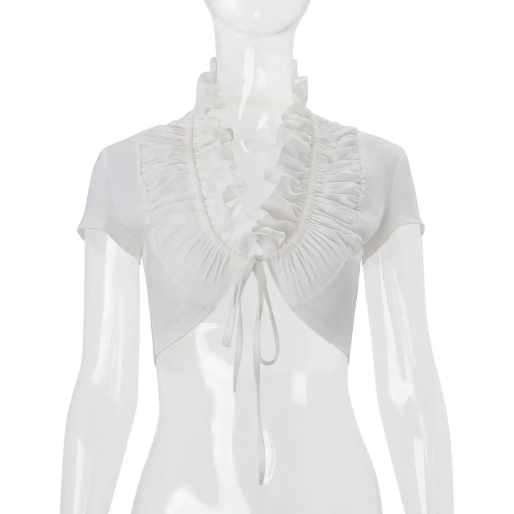 Sexy Deep V Neck Ruched White Crop Top With Ruffles And Lace Up Short Sleeves