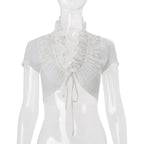Sexy Deep V Neck Ruched White Crop Top With Ruffles And Lace Up Short Sleeves