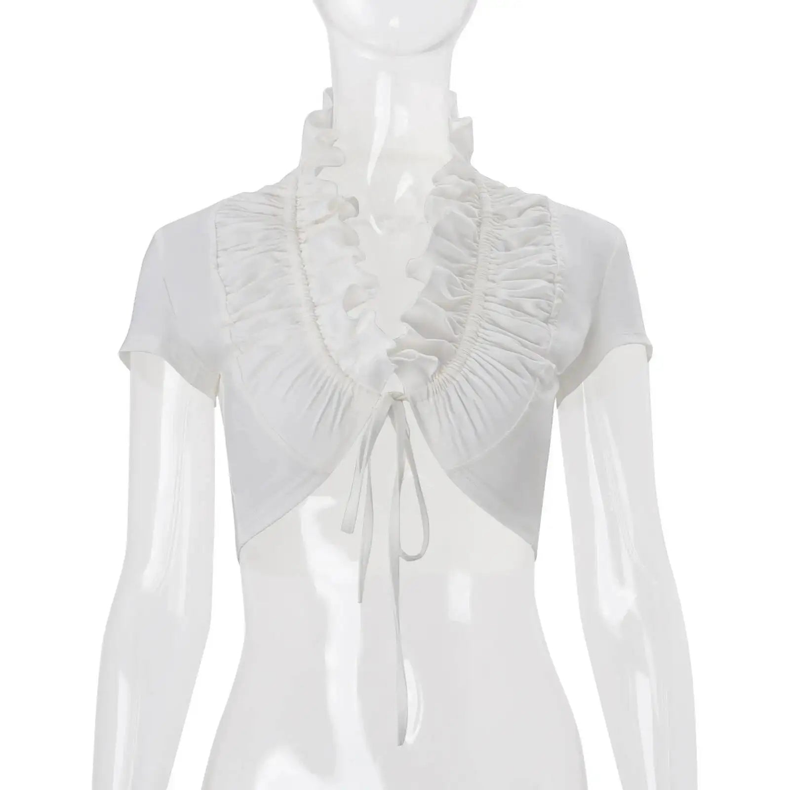 Sexy Deep V Neck Ruched White Crop Top With Ruffles And Lace Up Short Sleeves