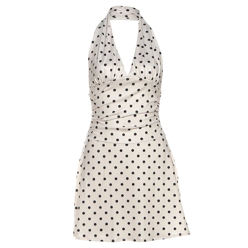 Polka Dot Halter Mini Dress With Ruched Backless Detail