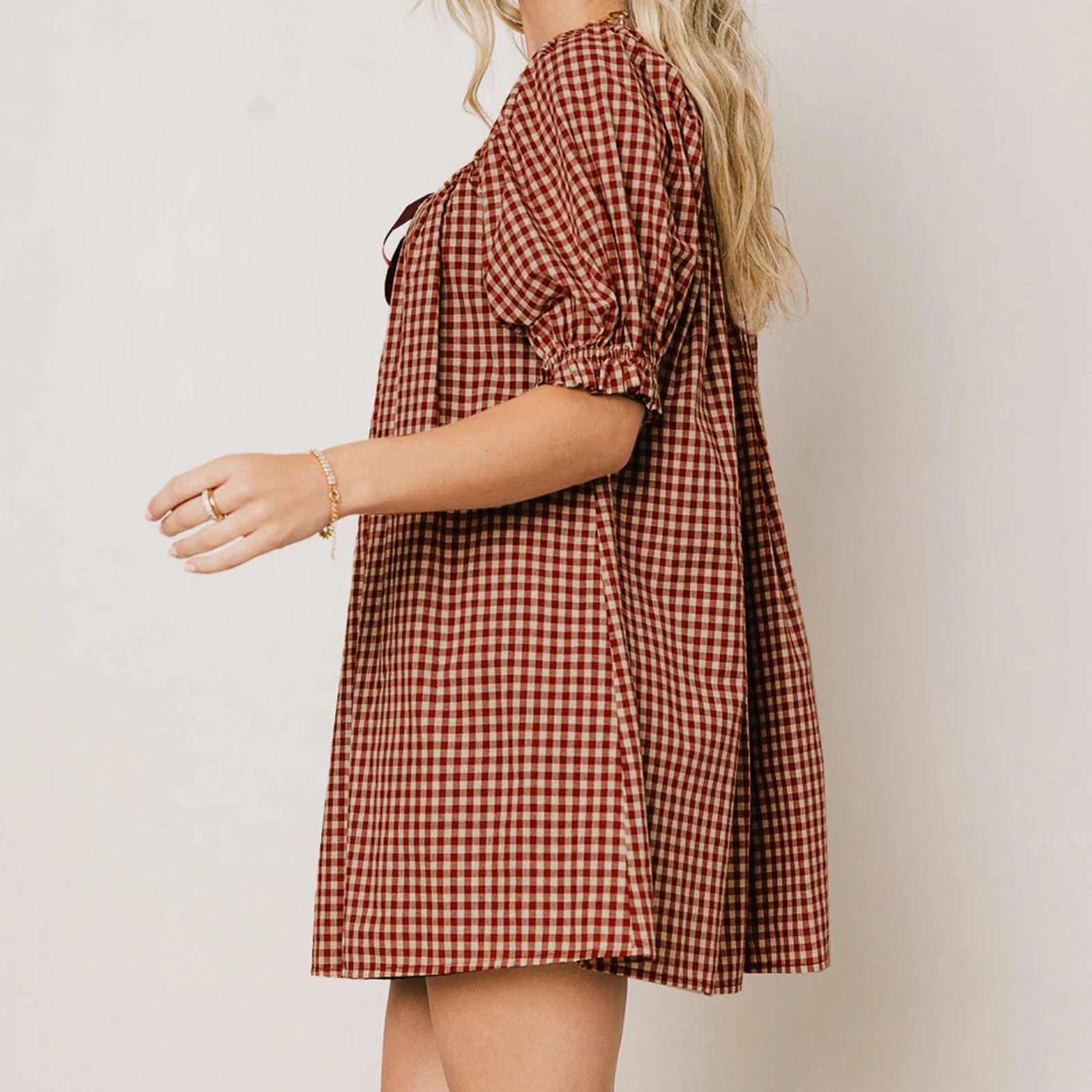 Gingham Babydoll Mini Dress With Puff Sleeves And Bow