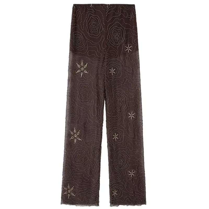 Beaded High Waist Pants With Sequin Embellishment