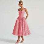 Gingham Square Neck A-Line Midi Dress With Pockets