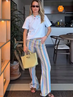 Vivid Multicolor Stripe Wide Leg Jeans With Pockets Low Waist Denim Trousers