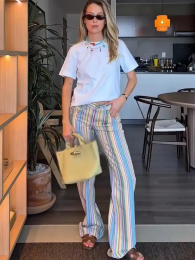 Vivid Multicolor Stripe Wide Leg Jeans With Pockets Low Waist Denim Trousers