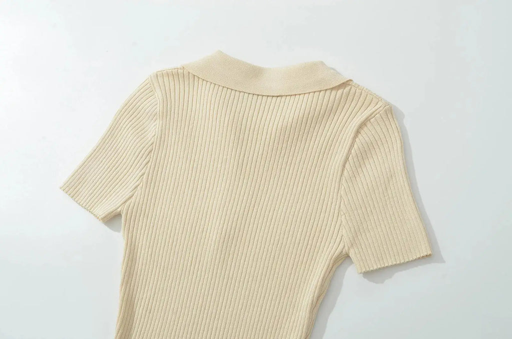 Knit Turn Down Collar Pullover For Women Slim Stretch Short Sleeve Top