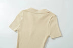 Knit Turn Down Collar Pullover For Women Slim Stretch Short Sleeve Top