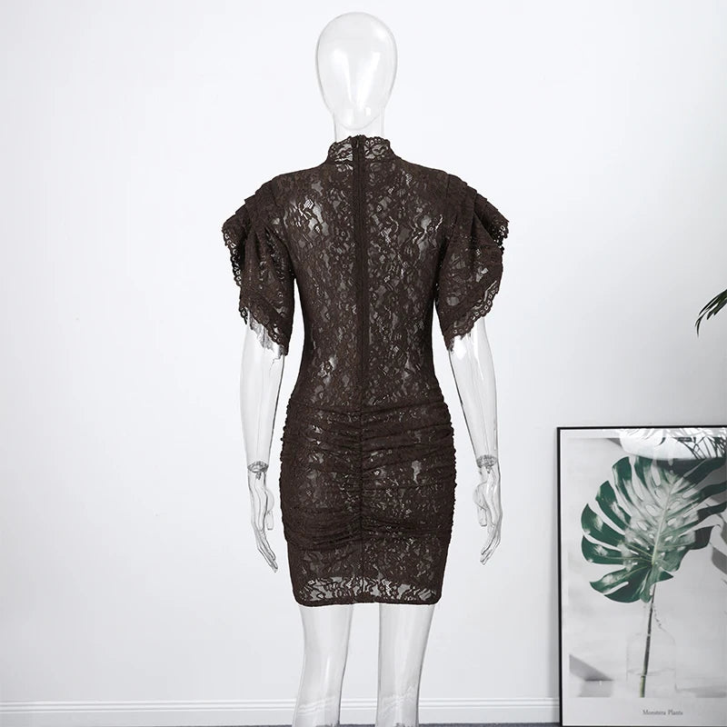 Lace Sheer Party Dress With Pleated Patchwork And Flutter Sleeves For Elegant Evenings