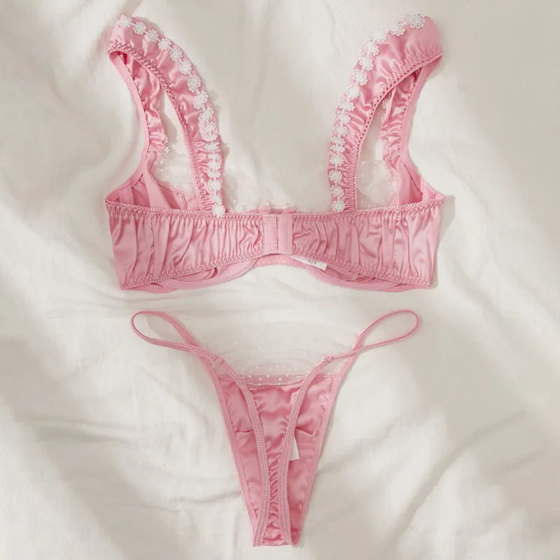 Pink Satin Lace Floral Lingerie Set