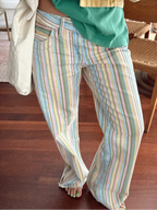 Vivid Multicolor Stripe Wide Leg Jeans With Pockets Low Waist Denim Trousers