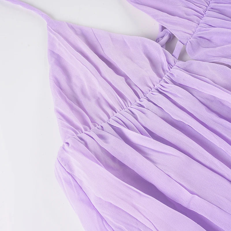 Purple Chiffon Backless Sundress With Deep V Neck A-Line Mini