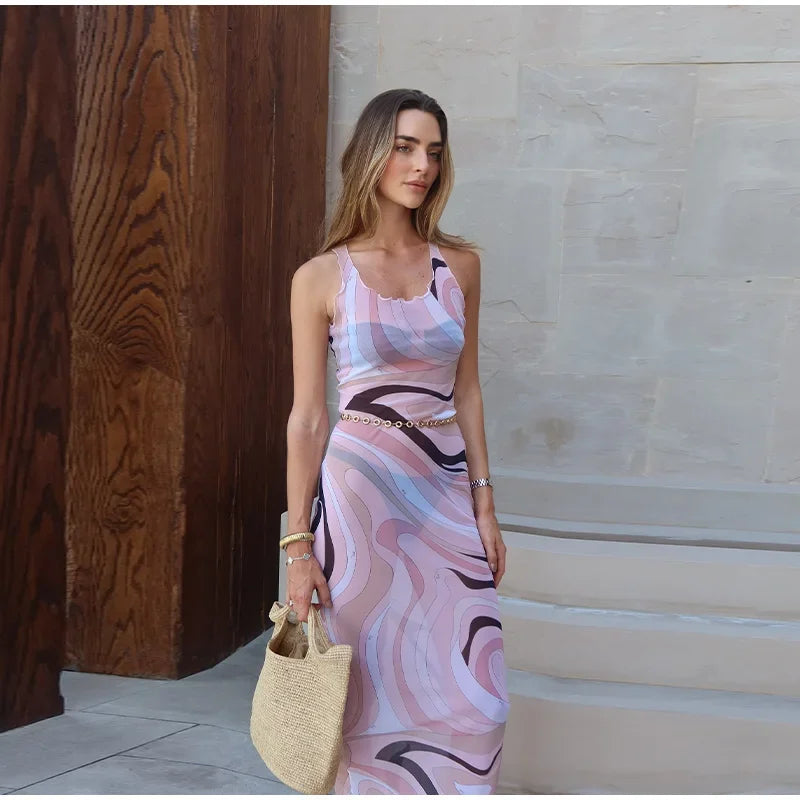 Sheer Mesh Body con Maxi Dress With Print