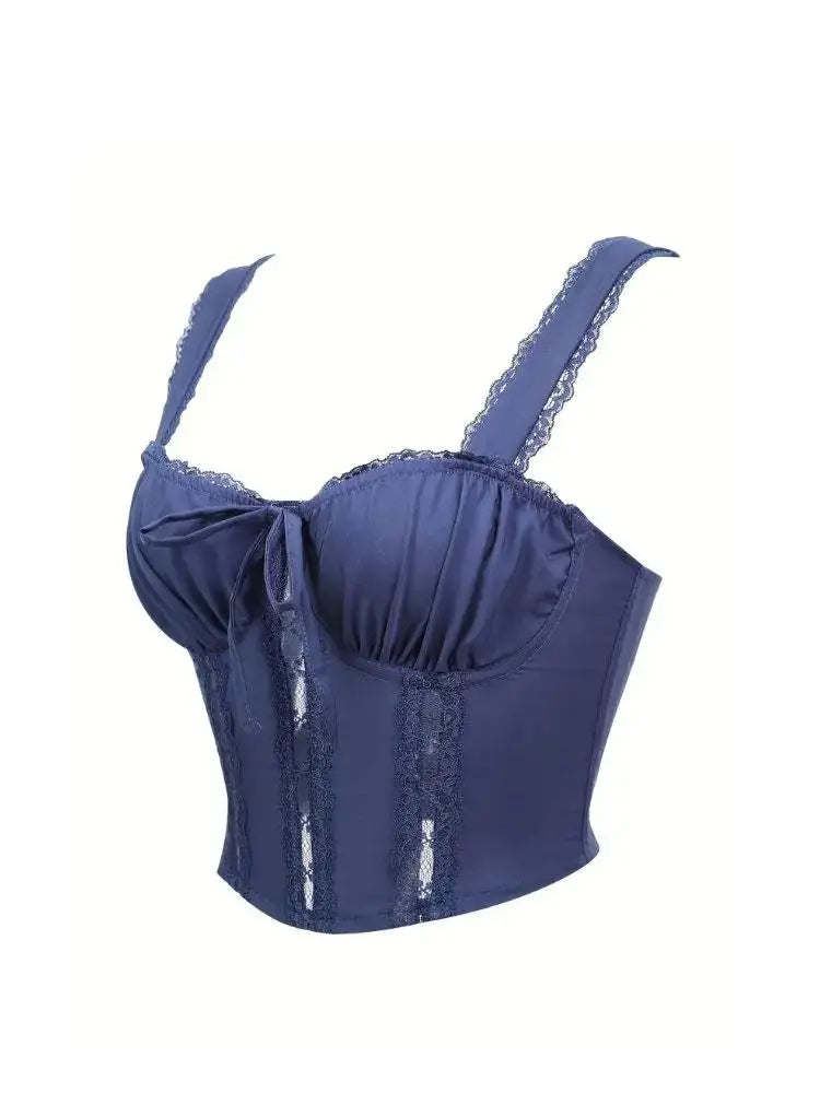 Royal Blue Lace Trim Corset Top With Steel Boning And Bow Shaped Double Shoulder Straps