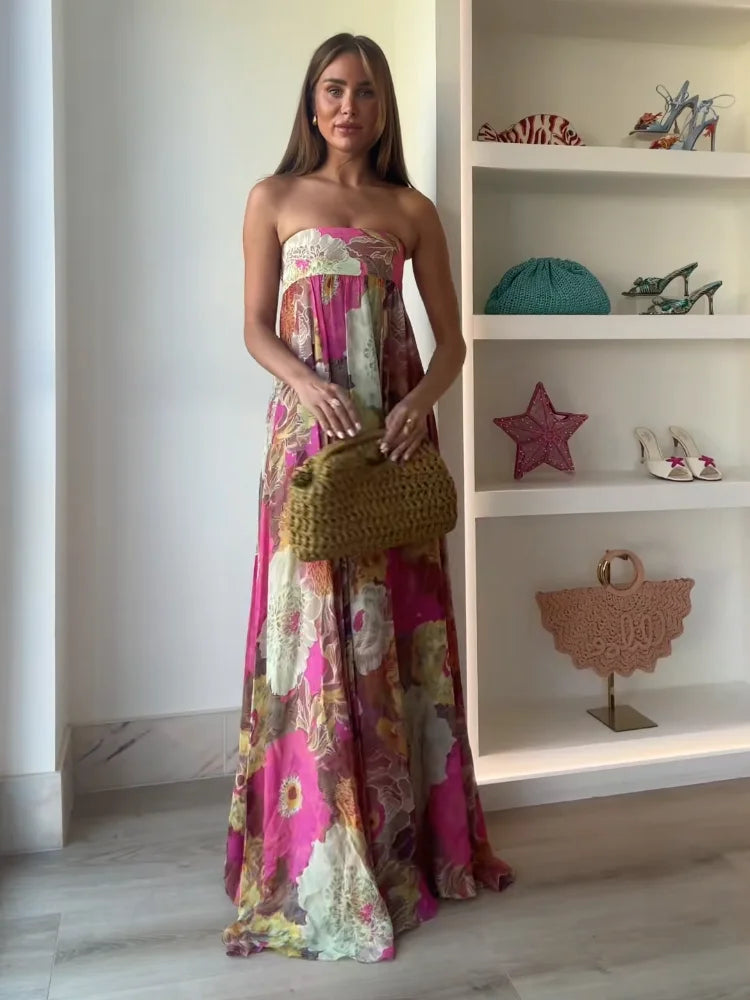 Printed Strapless Maxi Dress Elegant Off Shoulder Backless Gown High Waist