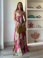 Printed Strapless Maxi Dress Elegant Off Shoulder Backless Gown High Waist