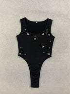 Punk Metal Ring Hollow Out High Leg Leotard Women Stretchy Layering Camisole