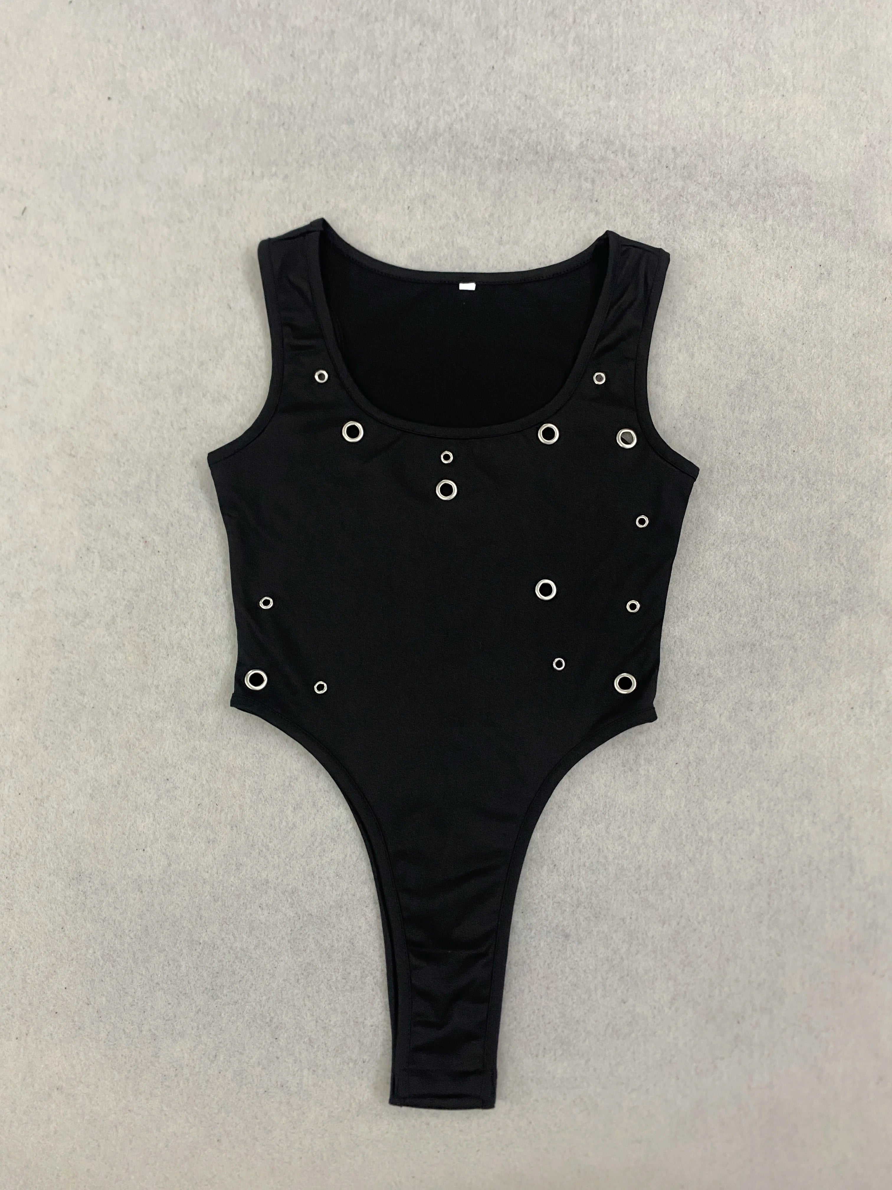 Punk Metal Ring Hollow Out High Leg Leotard Women Stretchy Layering Camisole
