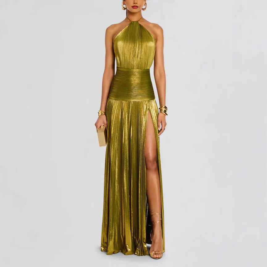 Off Shoulder Corset Halter Evening Gown With Slit