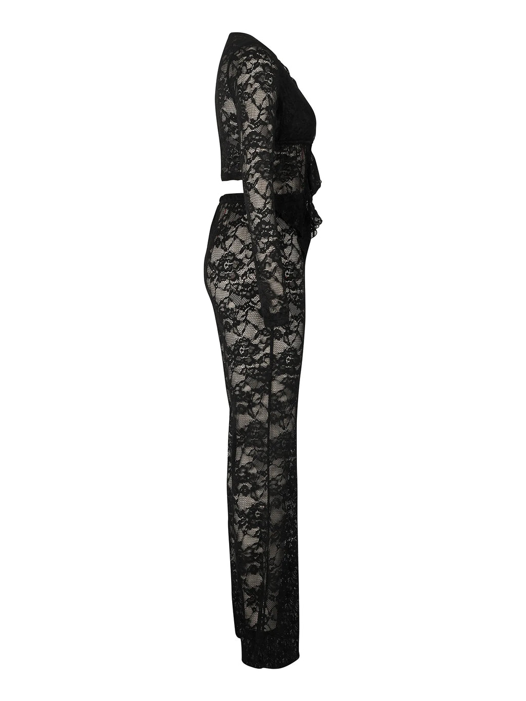 See Through Lace Set With Long Sleeve Top And Pants