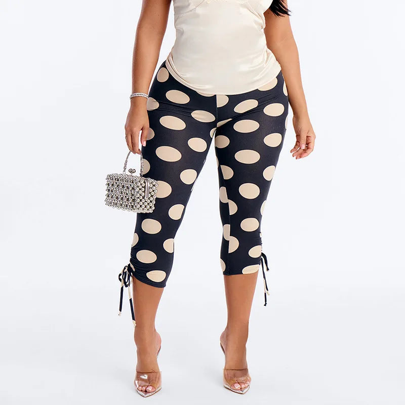 Polka Dot Patchwork Capri Pants With Drawstring Waist
