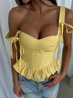 Sunny Plaid Sling Top With Ruffles V Neck Sleeveless