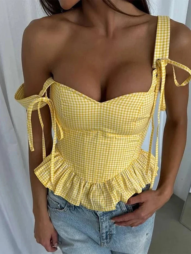 Sunny Plaid Sling Top With Ruffles V Neck Sleeveless
