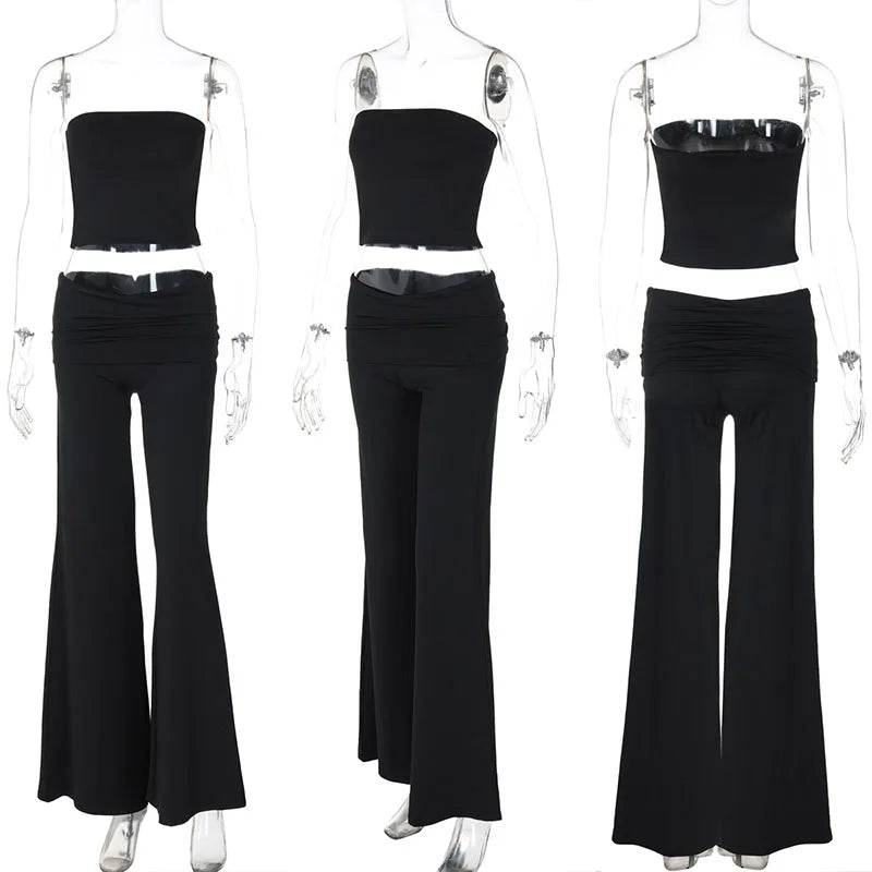 Strapless Crop Top And High Waist Ruched Flare Pants Set