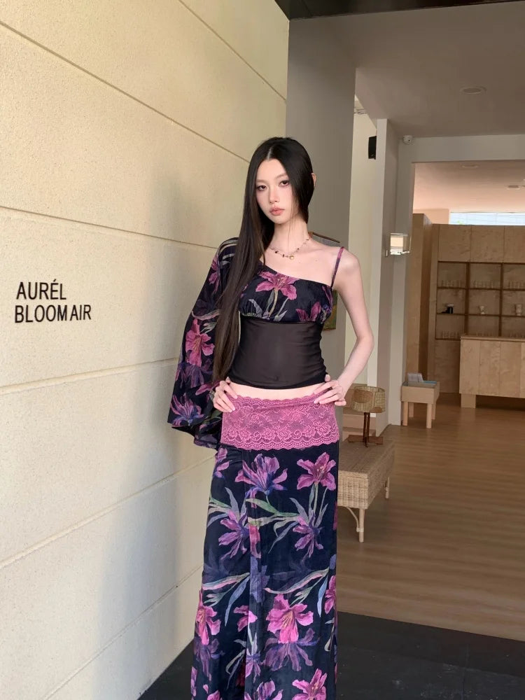 Floral Vintage Velour Off Shoulder Two Piece Set