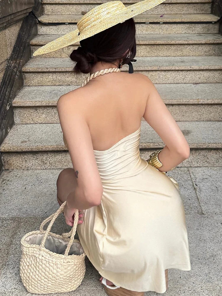 Metallic Satin Halter Mini Dress With Backless Ruched Silhouette
