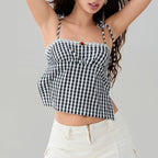 Sweet Open Back Camisole With Shirred Tie Up Spaghetti Straps Lace Trim And Square Neck