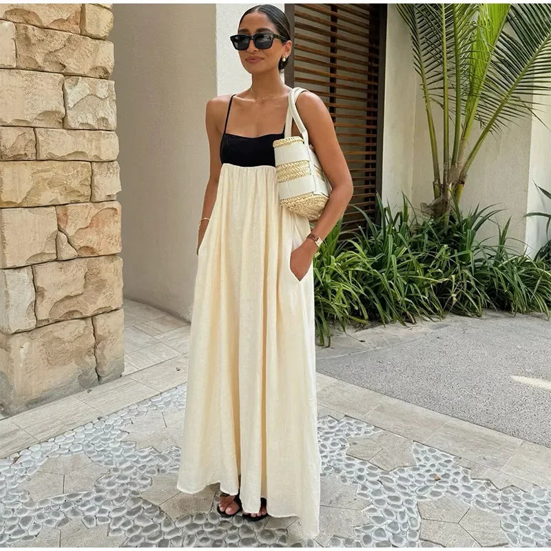 Contrast Splicing Loose Sling Long Women Square Collar Sleeveless Backless High Waist Dress