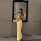 Elegant Deep V Knit Maxi Dress With Backless Suspender Detail
