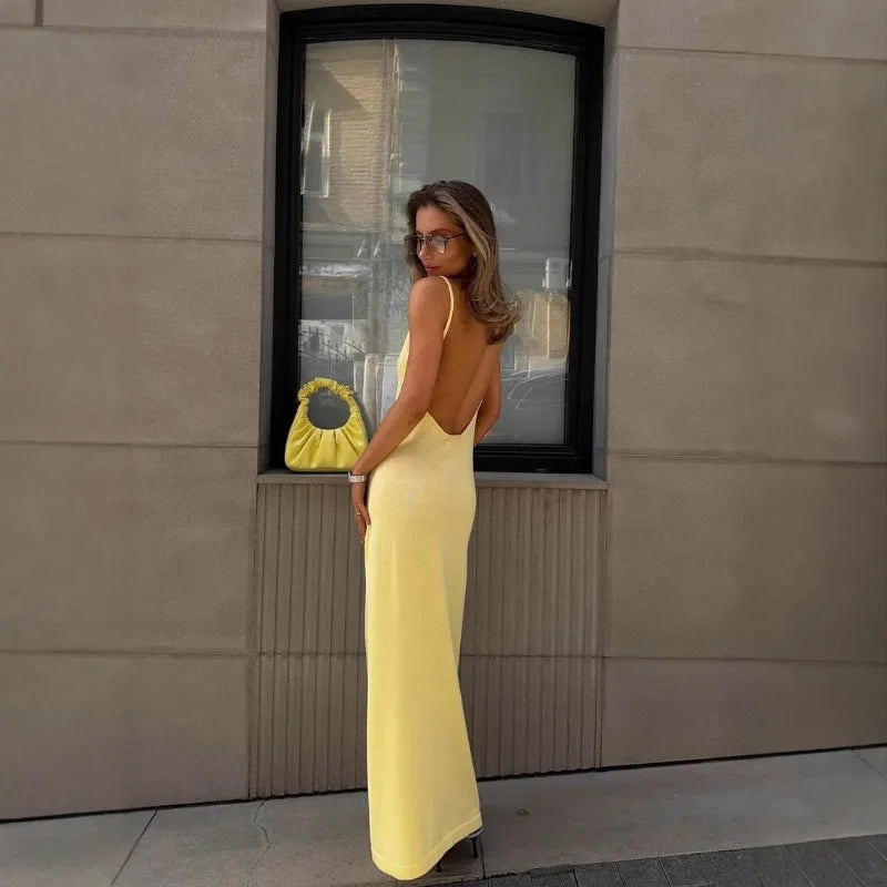 Elegant Deep V Knit Maxi Dress With Backless Suspender Detail